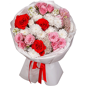 Red rose Nina 50 cm - 5, Bright pink spray rose mix, 50 cm - 5, Pink Lisianthus (Eustoma) - 2, White Matthiola - 3, Baltica White Spray Chrysanthemum - 3, Ozotamnus, Wrapping Paper