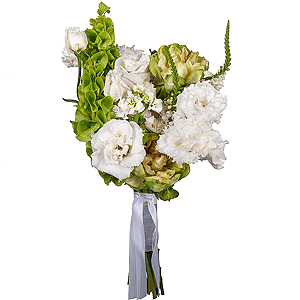 Rose Veggie 50 cm - 3, lisianthus - 3, White Matthiola - 2, Carnation white, cream - 7, Veronica spray, Moluccella, Ribbon