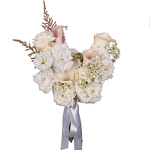 Calla lilies - 7, lisianthus - 13, Astilbe, Ozotamnus, Ribbon