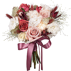 Rose Pink 50 cm Ecuador (Chelo, Hermosa, Novia, Titanik, Engagement, Pink Mondiale) - 3, Rose Red 50 cm Ecuador - 5, Carnation white, cream - 9, lisianthus - 2, Ozotamnus, Dried flowers in assortment, Leukodendron, Salal, Ribbon