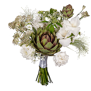 White Gladiolus - 1, lisianthus - 2, White Matthiola - 7, Artichoke, Sedum, Panicum, Ribbon