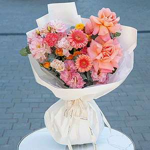 Rose Pink 50 cm Ecuador (Chelo, Hermosa, Novia, Titanik, Engagement, Pink Mondiale) - 7, Gerbera pink - 2, Pink carnation - 7, Spray rose: yellow, orange 50 cm - 2, Pink Lisianthus (Eustoma) - 4, Eucalyptus Cinerea, Wrapping Paper