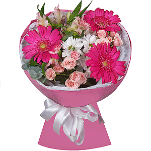 Gerbera pink - 3, Bacardi White Spray Chrysanthemum - 2, Pink spray carnation - 3, Bright pink spray rose mix, 50 cm - 2, Alstromeria white, soft pink - 2, Eucalyptus Cinerea, Wrapping Paper