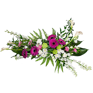 White Delphinium - 4, Calla lilies - 7, Pink carnation - 6, Gerbera pink - 7, Baltica White Spray Chrysanthemum - 2, lisianthus - 4, Carnation white, cream - 5, Pot for compositions, Oasis, Viburnum, Aspidistra (1 pc.), Ruscus italian, Ruscus, Ambrella