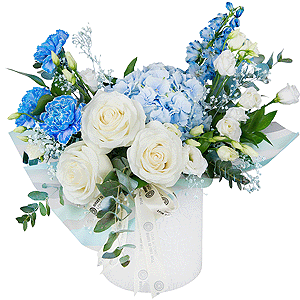 Blue/purple hydrangea - 2, Blue carnation - 4, White rose 50 cm - 4, lisianthus - 4, Colored gypsophila - 1, Round flower box small , Oasis, Wrapping Paper, Ruscus, Eucalyptus Cinerea, Blue Delphinium
