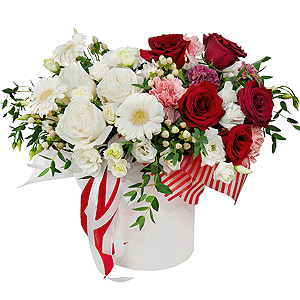 White rose 50 cm - 5, Red rose 50 cm - 7, Carnation white, cream - 4, lisianthus - 5, Gerbera white - 5, Pink carnation - 4, Lilac carnation - 5, Round flower box small , Oasis, Wrapping Paper, Hypericum, Eucalyptus parvifolia (1 pc.), Aspidistra (1 pc.)