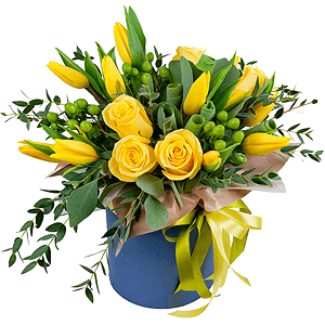 Yellow rose 50 cm - 9, Yellow tulip - 15, Round flower box small , Oasis, Wrapping Paper, Ribbon, Hypericum, Eucalyptus parvifolia (1 pc.), Eucalyptus populus (1 pc.)