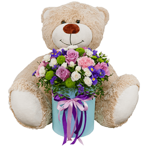 Deep Purple rose - 7, Spray rose: white, cream, light pink 50 cm - 11, Pink carnation - 5, Irises - 5, Athos pom Feeling Green - 4, Round flower box medium, Oasis, Film, Pistachio, Blue Statice, Teddy bear 70 cm, Ribbon