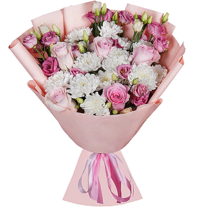 Baltica White Spray Chrysanthemum - 5, Pink Lisianthus (Eustoma) - 7, Pink rose 50 cm - 7, Wrapping Paper
