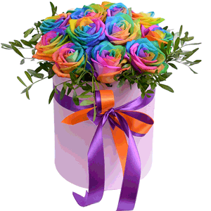 Rainbow rose - 21, Round flower box small , Oasis, Pistachio, Ribbon