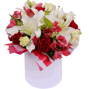 Lilies - 3, Rose 40 cm - 7, Alstromeria Red, Bright Pink - 5, lisianthus - 5, Eucalyptus Cinerea, Round flower box small , Oasis, Film, Ruscus