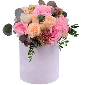 David Austin peonyroses - 13, Spray rose: white, cream, light pink 50 cm - 9, Pink carnation - 6, Eucalyptus Cinerea, Pistachio, Round flower box small , Oasis, Sedum