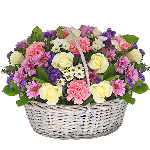 White rose 50 cm - 11, Pink carnation - 9, Bacardi Pink Spray Chrysanthemum - 5, Santini White Spray Chrysanthemum - 6, Blue Statice, Pistachio, Salal, Large Basket, Oasis