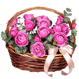 Spray peony rose Misty Bubbles, 50 cm - 9, Medium Basket, Oasis, Eucalyptus, Ribbon