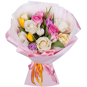 White rose 50 cm - 3, Pink rose 50 cm - 2, Pink tulip - 4, Tulip white - 6, Yellow tulip - 3, Lilac tulip - 3, Wrapping Paper, Ribbon
