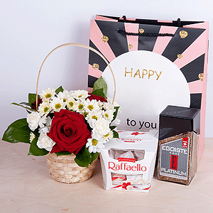 Red rose 50 cm - 7, Santini White Spray Chrysanthemum - 2, White spray carnation - 3, Small Basket, Oasis, Salal, Box of candies «Raffaello» 150 g, Present bag, Instant coffee