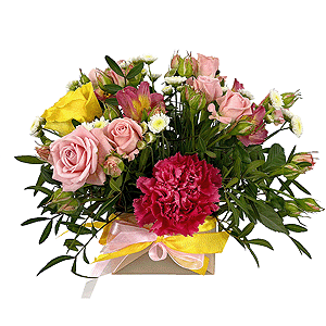 Pink carnation - 2, Yellow rose 50 cm - 1, Alstromeria Red, Bright Pink - 2, Bright pink spray rose mix, 50 cm - 1, Athos poms Stallion - 1, Oasis, Wrapping Paper, Pistachio