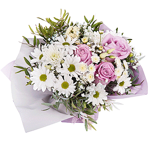 Pink rose 50 cm - 5, Bacardi White Spray Chrysanthemum - 2, Gypsophila - 1, lisianthus - 1, Athos poms Stallion - 2, Oasis, White statice, Wrapping Paper, Pistachio