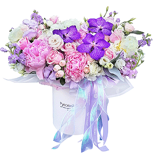 Peony pink - 4, Pink rose 50 cm - 15, lisianthus - 4, Spray rose: white, cream, light pink 50 cm - 6, Carnation white, cream - 11, Matthiola Lilac - 8, Vanda Orchid bud - 5, Peony white - 3, Purple Lisianthus (Eustoma) - 4, Round flower box medium, Oasis, Flask for orchids, Wrapping Paper