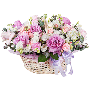 Rose Purple 50 cm Ecuador (Deep Water, Deep Purple, Moody Blue) - 6, Rose Pink 50 cm Ecuador (Chelo, Hermosa, Novia, Titanik, Engagement, Pink Mondiale) - 5, Carnation white, cream - 6, Peony rose pink 'OHara' - 3, Bright pink spray rose mix, 50 cm - 3, lisianthus - 2, White spray carnation - 4, White Matthiola - 3, Baltica White Spray Chrysanthemum - 4, Pink carnation - 4, Medium Basket, Oasis, Eucalyptus Cinerea, Wrapping Paper