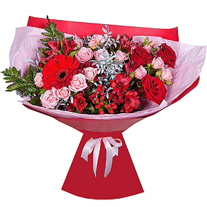 Gerbera red - 1, Red rose 50 cm - 5, Bright pink spray rose mix, 50 cm - 4, Alstromeria Red, Bright Pink - 7, Hypericum, Pistachio, Fern (1 pc.), Wrapping Paper, Ribbon