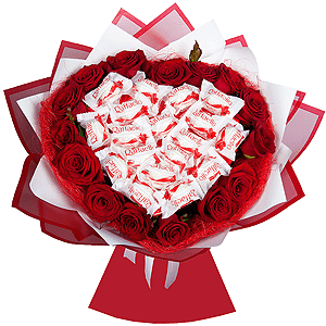 Red rose 50 cm - 19, Box of candies «Raffaello» 150 g, Bouquet frame structure, Wrapping Paper, Ribbon