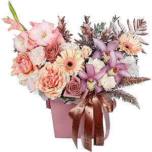 Rose Pink 50 cm Ecuador (Chelo, Hermosa, Novia, Titanik, Engagement, Pink Mondiale) - 6, Carnation white, cream - 10, Pink Gladiolus - 2, Pink Cymbidium Orchid Bud - 3, Gerbera pink - 4, Spray rose: white, cream, light pink 50 cm - 1, Flask for orchids, Fern (1 pc.), Pistachio, Composition Box, Oasis, Ribbon