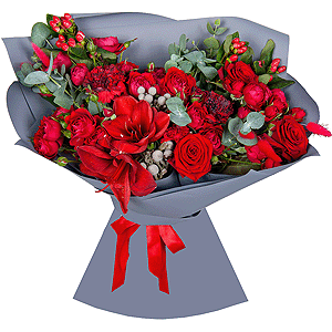 Red amaryllis - 1, Carnation red - 5, Red rose 50 cm - 4, Spray peony rose Misty Bubbles, 50 cm - 5, Dried flowers in assortment, Eucalyptus, Hypericum, Brunia Green Lanuginosa (1 pc.), Wrapping Paper
