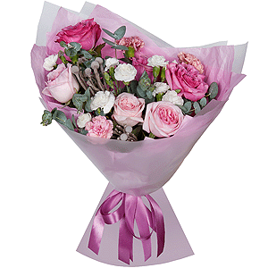 Peony rose pink 'OHara' - 3, Pink rose Country Blues 50 cm - 4, White spray carnation - 4, Pink carnation - 4, Brunia Green Lanuginosa (1 pc.), Eucalyptus, Wrapping Paper