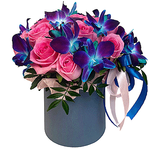 Pink rose 50 cm - 30, Orchid Dendrobium - 20, Flask for orchids, Pistachio, Oasis, Round flower box medium, Ribbon