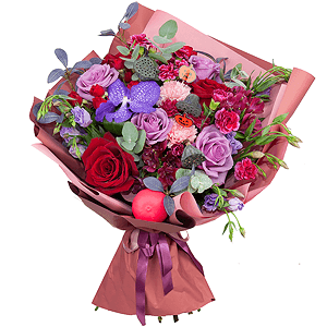 Vanda Orchid bud - 2, Deep Purple rose - 6, Pink carnation - 3, Pink spray carnation - 8, Alstromeria Red, Bright Pink - 3, Purple Lisianthus (Eustoma) - 4, Red rose 50 cm - 4, Dried flowers decor, Flask for orchids, Aspidistra (1 pc.), Eucalyptus Cinerea, Wrapping Paper, Decorative element small