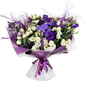 Vanda Orchid bud - 4, Calla lilies - 7, Spray rose: white, cream, light pink 50 cm - 17, lisianthus - 4, Purple Lisianthus (Eustoma) - 3, Flask for orchids, Aspidistra (1 pc.), Veronica spray, Limonium (1 pc.), Eucalyptus Cinerea, Ozotamnus, Dried flowers decor, Wrapping Paper