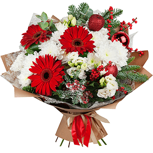 Gerbera red - 5, lisianthus - 3, Baltica White Spray Chrysanthemum - 4, Wrapping Paper, Ribbon, Eucalyptus Cinerea, Ilex, Aspidistra (1 pc.), Spruce branches (1pc.), Christmas decor (set)