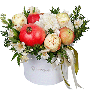 Peony style roses - 3,  White Hydrangea - 1, Alstromeria white, soft pink - 7, White Matthiola - 1, Pistachio, Apple, 1 pc., Pomegranate, Round flower box medium, Oasis, Ribbon, Wooden skewer