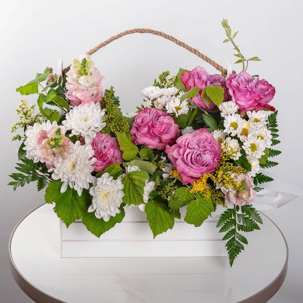 Baltica White Spray Chrysanthemum - 3, Pink rose Country Blues 50 cm - 5, Pink Matthiola - 6, Santini White Spray Chrysanthemum - 4, Wooden pot, Oasis, Solidago (1 pc.),  Raspberry branch, Yellow Statice