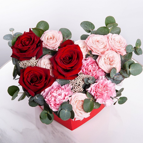 Rose Red 50 cm Ecuador - 3, Pink carnation - 3, Bright pink spray rose mix, 50 cm - 2, Composition Box, Oasis, Ozotamnus, Eucalyptus
