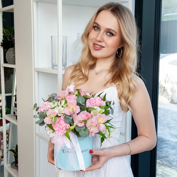 Pink carnation - 9, Alstromeria white, soft pink - 8, Round flower box small , Oasis, Ribbon, Eucalyptus
