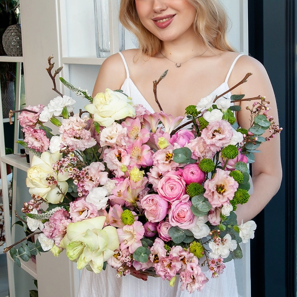 Alstromeria white, soft pink - 9, Spray peony rose Misty Bubbles, 50 cm - 3, Pink Lisianthus (Eustoma) - 5, Peony style roses - 3, White spray carnation - 12, Athos pom Feeling Green - 2, Small Basket, Oasis, Veronica spray, Waxflower (1 pc.), Artificial branch