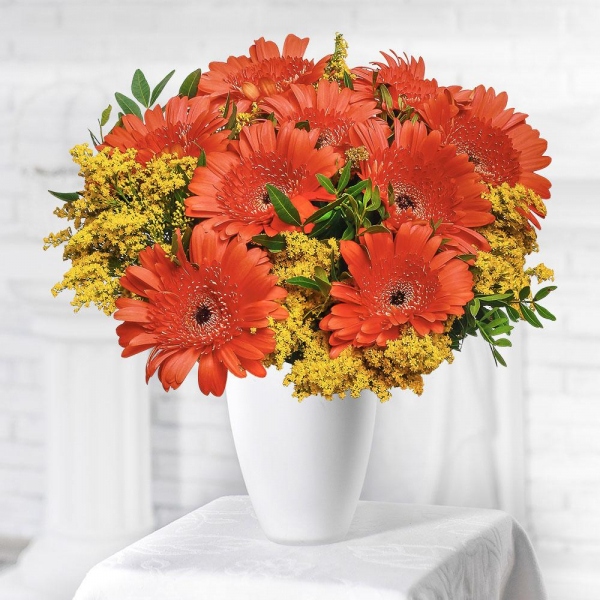 Gerbera daisies - 15, Solidago (1 pc.), Pistachio, Mesh (Abaka), Ribbon