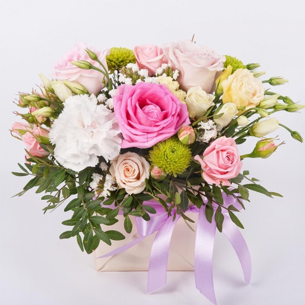 Carnation white, cream - 1, Rose Powder 50 cm Ecuador (Quicksand, Menta) - 1, Spray rose: white, cream, light pink 50 cm - 1, Athos pom Feeling Green - 1, Pink rose 50 cm - 2, lisianthus - 1, Oasis, Wrapping Paper, Pistachio, White statice