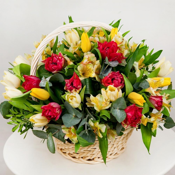 Alstromeria Yellow, Orange - 7, Red tulip - 13, Tulip white - 11, Yellow tulip - 6, Aspidistra (1 pc.), Eucalyptus Cinerea, Pistachio, Large Basket, Oasis, Film