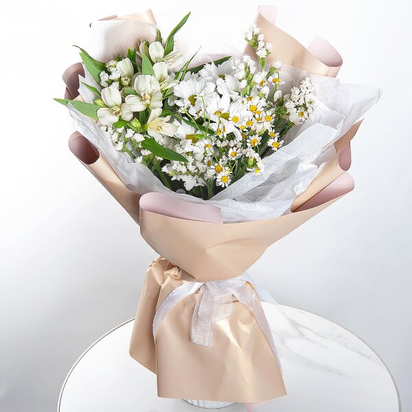 Alstromeria white, soft pink - 6, Bacardi White Spray Chrysanthemum - 1, Chamomile - 2, White statice, Wrapping Paper