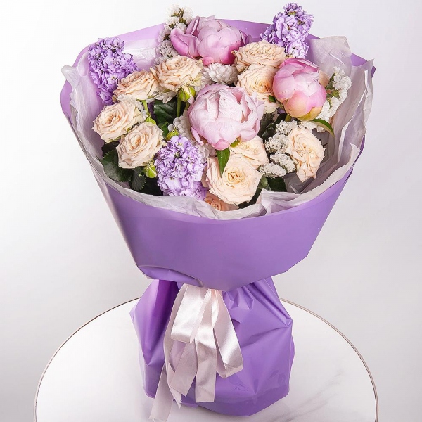 Peony pink - 3, Matthiola Lilac - 3, Baltica White Spray Chrysanthemum - 1, Spray rose: white, cream, light pink 50 cm - 2, White statice, Wrapping Paper