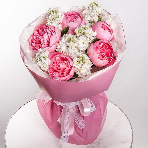Peony pink - 5, White Matthiola - 5, Wrapping Paper