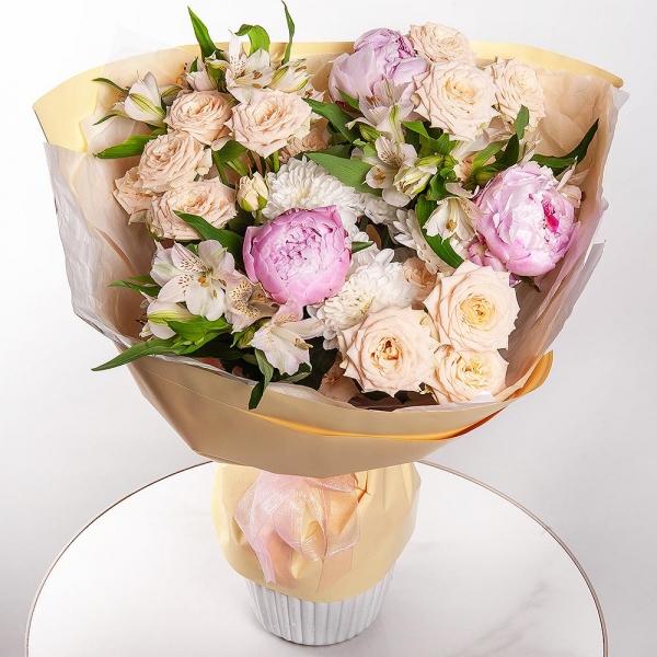 Peony pink - 3, Spray rose: white, cream, light pink 50 cm - 3, Alstromeria white, soft pink - 3, Baltica White Spray Chrysanthemum - 1, Wrapping Paper