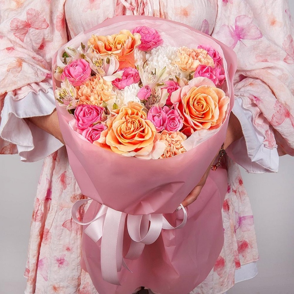Pink-orange rose Phoenix 50 cm - 3, Bright pink spray rose mix, 50 cm - 3, Baltica White Spray Chrysanthemum - 1, Carnation white, cream - 7, Alstromeria white, soft pink - 6, Wrapping Paper
