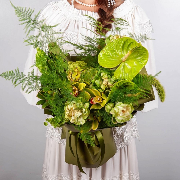 Rose Veggie 50 cm - 3, Green Hydrangea - 1, Green Cymbidium Orchid Bud - 3, Green carnation - 5, Anthurium, Flask for orchids, Leukodendron, Asparagus setaceus (1 pc.), Moluccella, Panicum, Decorative crown, Wrapping Paper