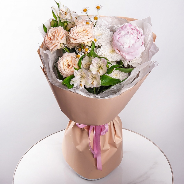 Peony pink - 1, Spray rose: white, cream, light pink 50 cm - 1, Alstromeria white, soft pink - 4, Chamomile - 1, Baltica White Spray Chrysanthemum - 1, Wrapping Paper
