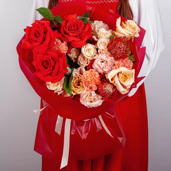 Red rose Nina 50 cm - 5, Cream Rose 50 cm Ecuador (Creme Caramel) - 4, Carnation white, cream - 3, Pink Lisianthus (Eustoma) - 2, Spray rose: white, cream, light pink 50 cm - 2,  Raspberry branch, Wrapping Paper, Nutan