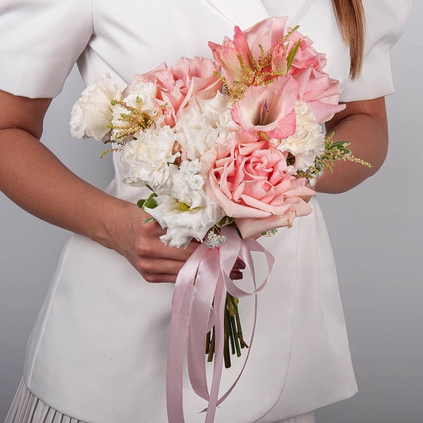 Rose Pink 50 cm Ecuador (Chelo, Hermosa, Novia, Titanik, Engagement, Pink Mondiale) - 7, Pink Gladiolus - 1, lisianthus - 3, Carnation white, cream - 8, Astilbe, Ribbon